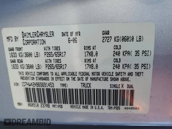 2006 Dodge Dakota SLT with VIN 1D7HW42N96S691453, listed as a Copart auction lot 70677415 with 136,870 mi miles and Clean title. Bid and sale history available at DreamBid. Image 13.