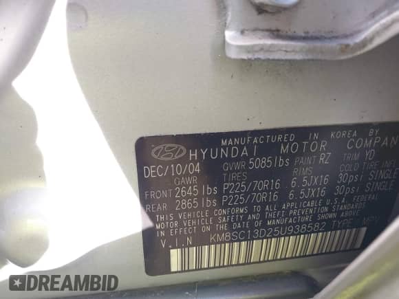 2005 Hyundai Santa Fe GLS z VIN KM8SC13D25U938582, wystawiony jako IAAI lot #41283607 z przebiegiem 176 212 mil mil oraz . Historia ofert i sprzedaży dostępna na DreamBid. Obrazek 9.