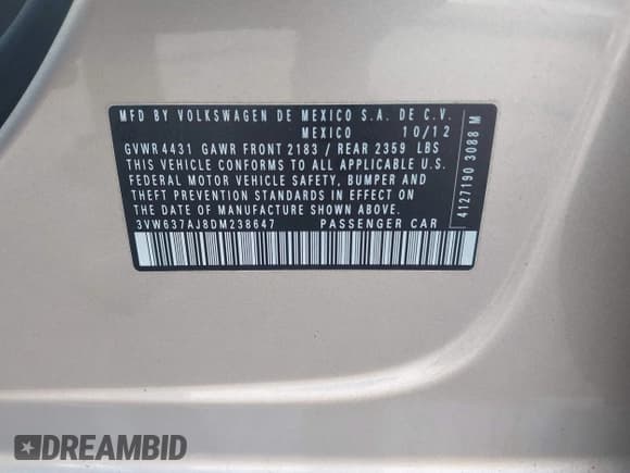 ✅ 2013 Volkswagen Jetta Hybrid SE • VIN: 3VW637AJ8DM238647 • Lot: 42733019. Listed on IAAI with 170,045 mi. Free auction sales archive from the USA and detailed vehicle history report at DreamBid. Image 9.