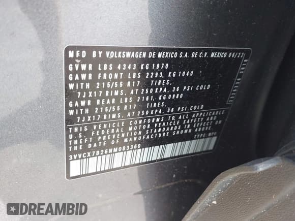 ✅ 2022 Volkswagen Taos S • VIN: 3VVCX7B26NM083360 • Lot: 43806336. Listed on IAAI with Not provided. Free auction sales archive from the USA and detailed vehicle history report at DreamBid. Image 9.