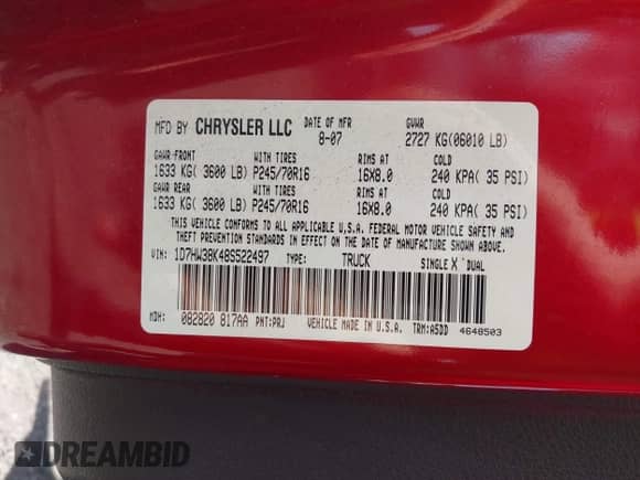 2008 Dodge Dakota SXT z VIN 1D7HW38K48S522497, wystawiony jako IAAI lot #42104761 z przebiegiem 244 129 mil mil oraz . Historia ofert i sprzedaży dostępna na DreamBid. Obrazek 9.