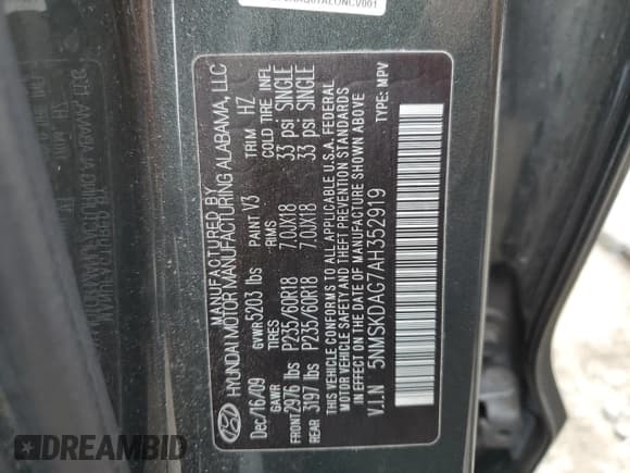 ✅ 2010 Hyundai Santa Fe Limited • VIN: 5NMSKDAG7AH352919 • Lot: 87277324. Listed on Copart with 237,738 mi. Free auction sales archive from the USA and detailed vehicle history report at DreamBid. Image 13.