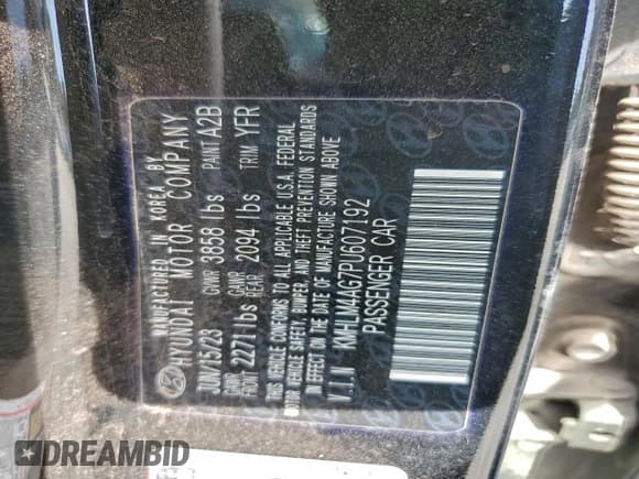 ✅ 2023 Hyundai Elantra SEL • VIN: KMHLM4AG7PU607192 • Lot: 93556325. Listed on Copart with 74,907 mi. Free auction sales archive from the USA and detailed vehicle history report at DreamBid. Image 13.