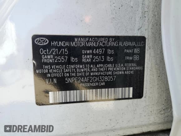 ✅ 2016 Hyundai Sonata SE • VIN: 5NPE24AF2GH328057 • Lot: 45190463. Listed on Copart with 73,151 mi. Free auction sales archive from the USA and detailed vehicle history report at DreamBid. Image 12.