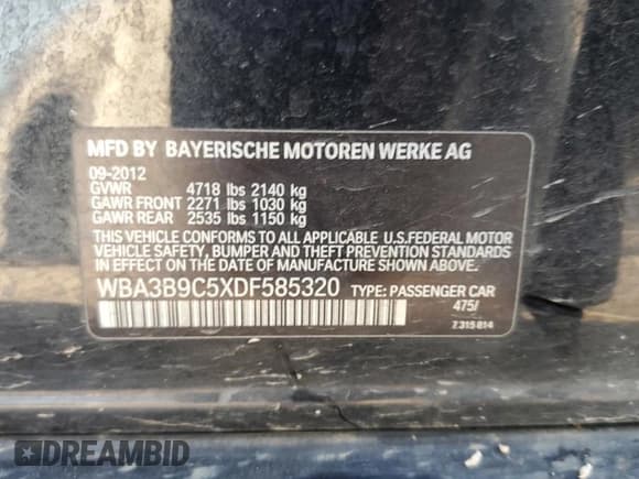 ✅ 2013 BMW 3 Series 335i xDrive • VIN: WBA3B9C5XDF585320 • Lot: 84989655. Listed on Copart with 112,365 mi. Free auction sales archive from the USA and detailed vehicle history report at DreamBid. Image 12.