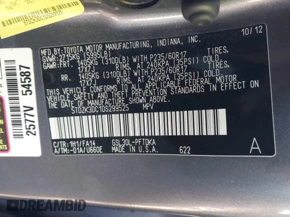 ✅ 2013 Toyota Sienna L • VIN: 5TDZK3DC1DS299525 • Лот: 43566688. Опубликован ранее на IAAI с пробегом 179 989 миль. Бесплатный доступ к архиву аукционных продаж из США и подробный отчёт об истории автомобиля на DreamBid. Изображение 9.