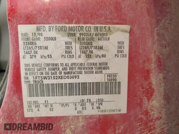 ✅ 1999 Ford F-350 XL • VIN: 1FTSW31S2XED03092 • Lot: 55945315. Listed on Copart with 188,847 mi. Free auction sales archive from the USA and detailed vehicle history report at DreamBid. Image 12.