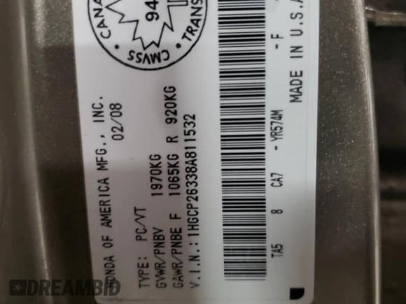 ✅ 2008 Honda Accord LX • VIN: 1HGCP26338A811532 • Lot: 91990445. Listed on Copart with 116,255 mi. Free auction sales archive from the USA and detailed vehicle history report at DreamBid. Image 13.