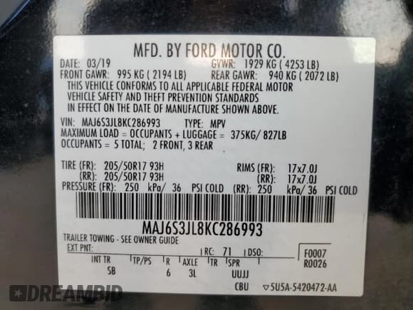 ✅ 2019 Ford EcoSport SES • VIN: MAJ6S3JL8KC286993 • Лот: 81180675. Опубликован ранее на Copart с пробегом 55 214 миль. Бесплатный доступ к архиву аукционных продаж из США и подробный отчёт об истории автомобиля на DreamBid. Изображение 13.