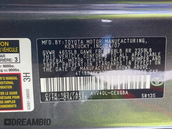 ✅ 2007 Toyota Camry • VIN: 4T1BB46K87U018120 • Lot: 43096459. Wystawiony na IAAI z przebiegiem 105 724 mil. Bezpłatny archiwum sprzedaży aukcyjnych z USA i szczegółowy raport historii pojazdu na DreamBid. Zdjęcie 9.