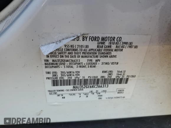 ✅ 2019 Ford EcoSport SE • VIN: MAJ3S2GE6KC266313 • Lot: 91896425. Listed on Copart with 101,471 mi. Free auction sales archive from the USA and detailed vehicle history report at DreamBid. Image 13.