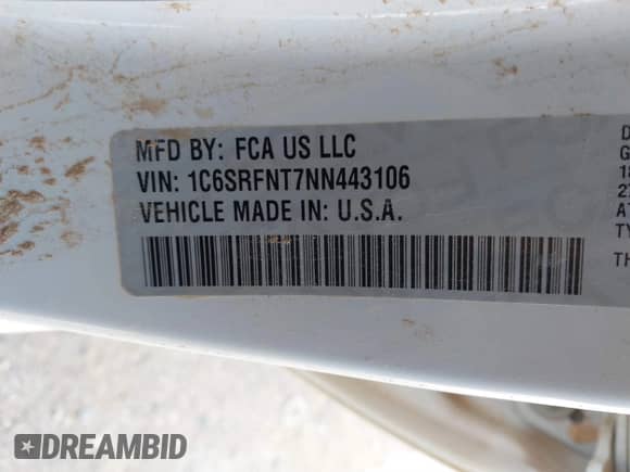 2022 Ram 1500 Tradesman z VIN 1C6SRFNT7NN443106, wystawiony jako IAAI lot #41610428 z przebiegiem 68 868 mil mil oraz . Historia ofert i sprzedaży dostępna na DreamBid. Obrazek 9.