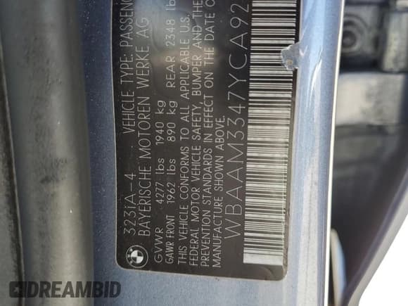 ✅ 2000 BMW 3 Series 323i • VIN: WBAAM3347YCA92307 • Lot: 64050875. Wystawiony na Copart z przebiegiem 100 275 mil. Bezpłatny archiwum sprzedaży aukcyjnych z USA i szczegółowy raport historii pojazdu na DreamBid. Zdjęcie 12.