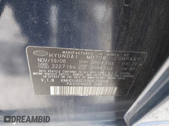 ✅ 2009 Hyundai Elantra GLS • VIN: KMHDU46D39U635089 • Lot: 43670976. Listed on IAAI with 199,799 mi. Free auction sales archive from the USA and detailed vehicle history report at DreamBid. Image 9.