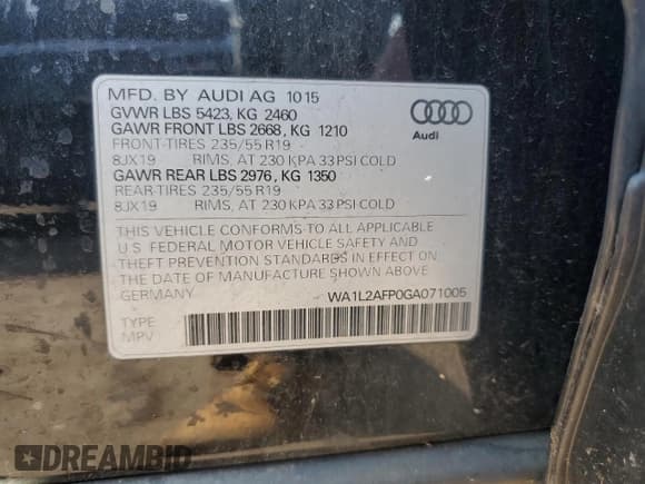 ✅ 2016 Audi Q5 Premium Plus • VIN: WA1L2AFP0GA071005 • Lot: 60065195. Listed on Copart with 116,437 mi. Free auction sales archive from the USA and detailed vehicle history report at DreamBid. Image 13.