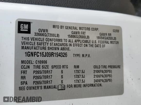 ✅ 2009 Chevrolet Suburban LS • VIN: 1GNFC16J09R194326 • Lot: 69039065. Listed on Copart with 136,859 mi. Free auction sales archive from the USA and detailed vehicle history report at DreamBid. Image 13.