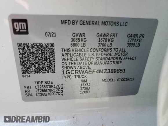 2021 Chevrolet Silverado 1500 Work Truck z VIN 1GCRWAEF4MZ389851, wystawiony jako Copart lot #54560565 z przebiegiem 105 924 mil mil oraz Szkoda całkowita • Salvage title. Historia ofert i sprzedaży dostępna na DreamBid. Obrazek 12.