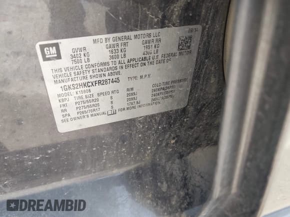 ✅ 2015 GMC Yukon XL SLT • VIN: 1GKS2HKCXFR287445 • Lot: 42161475. Listed on IAAI with 204,069 mi. Free auction sales archive from the USA and detailed vehicle history report at DreamBid. Image 9.