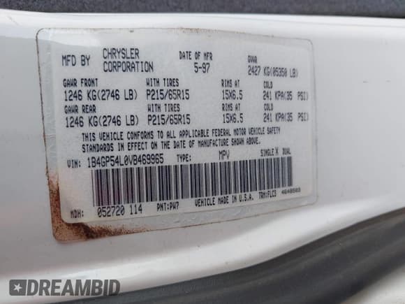 ✅ 1997 Dodge Caravan LE • VIN: 1B4GP54L0VB469965 • Lot: 42703713. Listed on IAAI with 183,156 mi. Free auction sales archive from the USA and detailed vehicle history report at DreamBid. Image 9.