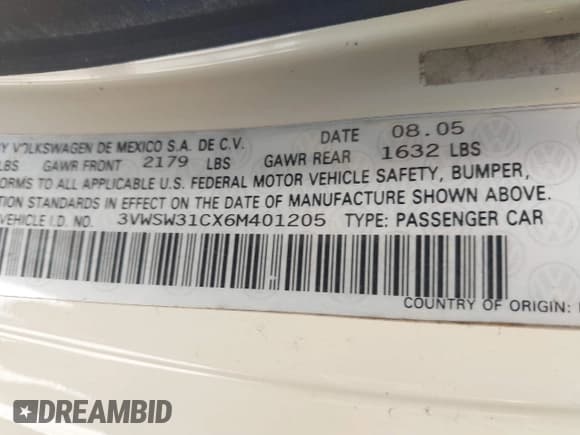 ✅ 2006 Volkswagen Beetle • VIN: 3VWSW31CX6M401205 • Lot: 43508948. Listed on IAAI with 135,578 mi. Free auction sales archive from the USA and detailed vehicle history report at DreamBid. Image 9.