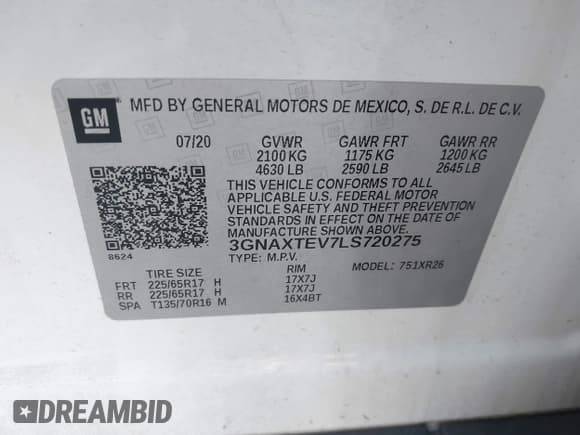 ✅ 2020 Chevrolet Equinox LT • VIN: 3GNAXTEV7LS720275 • Lot: 43647480. Listed on IAAI with 220,798 mi. Free auction sales archive from the USA and detailed vehicle history report at DreamBid. Image 9.