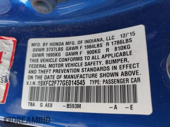 ✅ 2016 Honda Civic EX • VIN: 19XFC2F77GE014545 • Lot: 43408727. Wystawiony na IAAI z przebiegiem 165 616 mil. Bezpłatny archiwum sprzedaży aukcyjnych z USA i szczegółowy raport historii pojazdu na DreamBid. Zdjęcie 9.