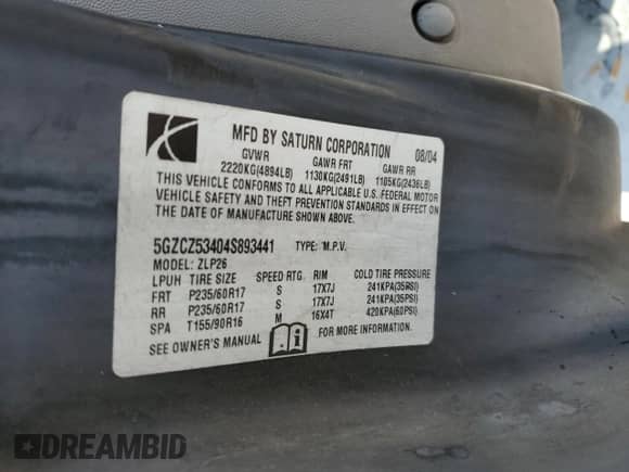 2004 Saturn VUE V6 с VIN 5GZCZ53404S893441, выставлен на аукционе Copart как лот 65374964 с пробегом 174 448 миль миль и На запчасти • Non repairable. История ставок и продаж доступна на DreamBid. Изображение 13.