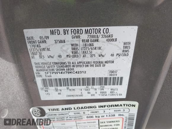 ✅ 2009 Ford F-150 XL • VIN: 1FTPW14V79KC42312 • Лот: 43678566. Опубликован ранее на IAAI с пробегом 179 783 миль. Бесплатный доступ к архиву аукционных продаж из США и подробный отчёт об истории автомобиля на DreamBid. Изображение 9.