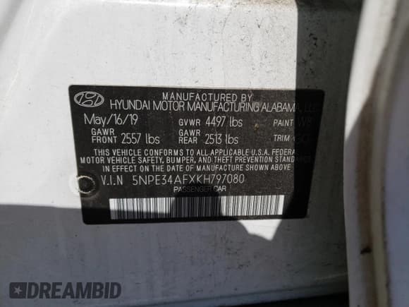 ✅ 2019 Hyundai Sonata SEL • VIN: 5NPE34AFXKH797080 • Lot: 49061903. Listed on Copart with 35,047 mi. Free auction sales archive from the USA and detailed vehicle history report at DreamBid. Image 14.