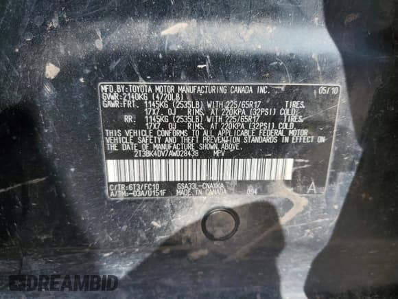 ✅ 2010 Toyota RAV4 • VIN: 2T3BK4DV7AW028438 • Lot: 80518165. Listed on Copart with 194,218 mi. Free auction sales archive from the USA and detailed vehicle history report at DreamBid. Image 13.