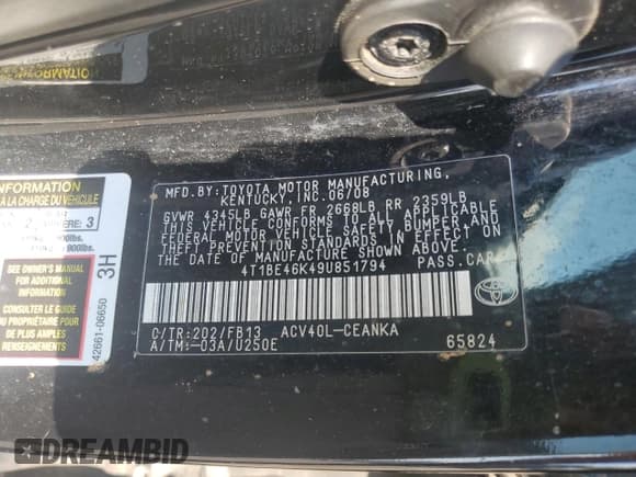 ✅ 2009 Toyota Camry SE • VIN: 4T1BE46K49U851794 • Lot: 72048695. Wystawiony na Copart z przebiegiem 240 483 mil. Bezpłatny archiwum sprzedaży aukcyjnych z USA i szczegółowy raport historii pojazdu na DreamBid. Zdjęcie 12.