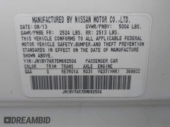 ✅ 2014 Infiniti Q50 Premium • VIN: JN1BV7AR7EM692504 • Lot: 43789438. Listed on IAAI with 104,772 mi. Free auction sales archive from the USA and detailed vehicle history report at DreamBid. Image 9.