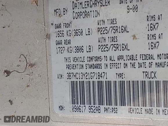 ✅ 2001 Dodge 1500 • VIN: 3B7HC13Y21G718471 • Lot: 42558873. Listed on IAAI with 265,209 mi. Free auction sales archive from the USA and detailed vehicle history report at DreamBid. Image 9.