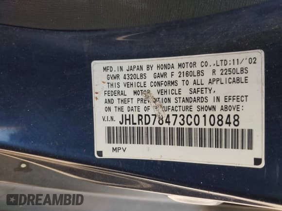 ✅ 2003 Honda CR-V LX • VIN: JHLRD78473C010848 • Lot: 43476151. Wystawiony na IAAI z przebiegiem 221 800 mil. Bezpłatny archiwum sprzedaży aukcyjnych z USA i szczegółowy raport historii pojazdu na DreamBid. Zdjęcie 9.