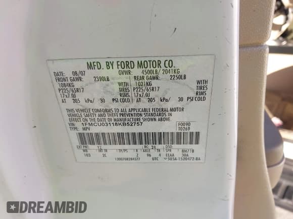 ✅ 2008 Ford Escape XLT • VIN: 1FMCU03118KB52757 • Lot: 43856341. Listed on IAAI with 154,029 mi. Free auction sales archive from the USA and detailed vehicle history report at DreamBid. Image 9.