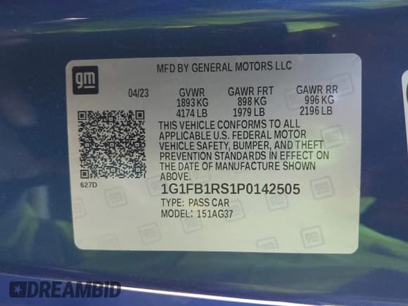 ✅ 2023 Chevrolet Camaro 1LT • VIN: 1G1FB1RS1P0142505 • Lot: 43469515. Listed on IAAI with 32,453 mi. Free auction sales archive from the USA and detailed vehicle history report at DreamBid. Image 9.