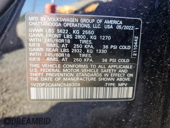 ✅ 2022 Volkswagen Atlas SE • VIN: 1V2DP2CA4NC548309 • Lot: 81525425. Listed on Copart with 41,200 mi. Free auction sales archive from the USA and detailed vehicle history report at DreamBid. Image 13.