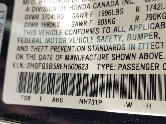 ✅ 2014 Honda Civic LX • VIN: 2HGFG3B58EH500623 • Lot: 43498279. Listed on IAAI with 189,550 mi. Free auction sales archive from the USA and detailed vehicle history report at DreamBid. Image 9.