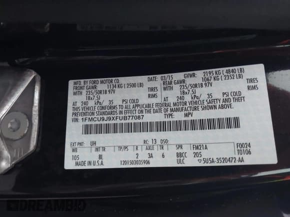 ✅ 2015 Ford Escape Titanium • VIN: 1FMCU9J9XFUB77087 • Lot: 43771373. Listed on IAAI with 95,650 mi. Free auction sales archive from the USA and detailed vehicle history report at DreamBid. Image 9.