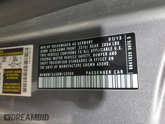 ✅ 2013 Volkswagen Golf TDI w/Tech Pkg • VIN: WVWBM7AJ4DW123980 • Lot: 91386905. Listed on Copart with 66,708 mi. Free auction sales archive from the USA and detailed vehicle history report at DreamBid. Image 12.