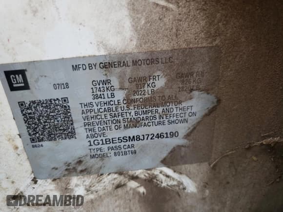 ✅ 2018 Chevrolet Cruze LT • VIN: 1G1BE5SM8J7246190 • Lot: 41266173. Listed on Copart with Not provided. Free auction sales archive from the USA and detailed vehicle history report at DreamBid. Image 13.