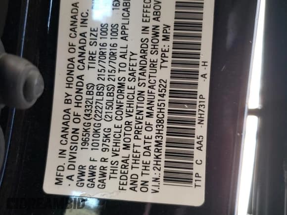 ✅ 2012 Honda CR-V LX • VIN: 2HKRM3H38CH514522 • Lot: 70660495. Listed on Copart with 124,444 mi. Free auction sales archive from the USA and detailed vehicle history report at DreamBid. Image 13.