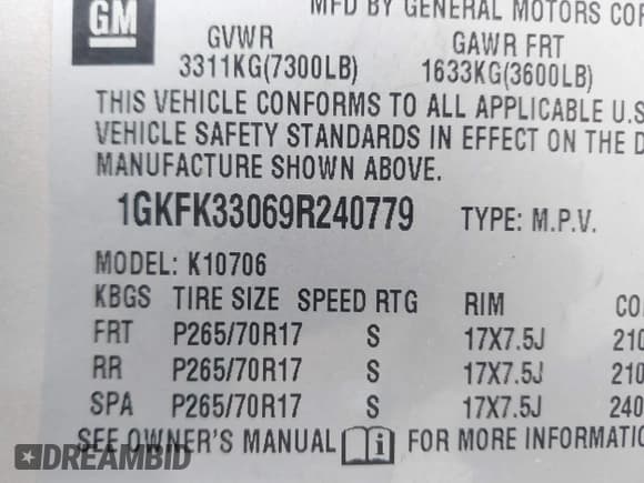 ✅ 2009 GMC Yukon SLT 4SB • VIN: 1GKFK33069R240779 • Lot: 41639862. Listed on IAAI with 182,709 mi. Free auction sales archive from the USA and detailed vehicle history report at DreamBid. Image 9.