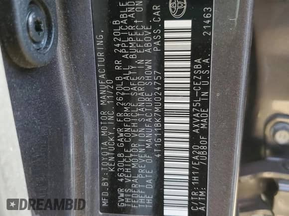 2021 Toyota Camry SE с VIN 4T1G11BK7MU024757, выставлен на аукционе Copart как лот 80985925 с пробегом 47 053 миль миль и Списание • Salvage title. История ставок и продаж доступна на DreamBid. Изображение 12.