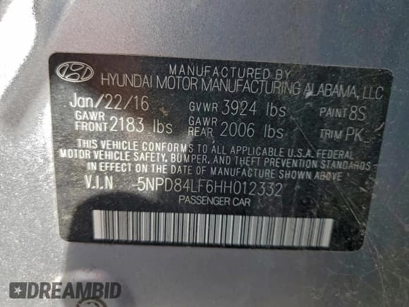 ✅ 2017 Hyundai Elantra Limited • VIN: 5NPD84LF6HH012332 • Lot: 94600695. Listed on Copart with Not provided. Free auction sales archive from the USA and detailed vehicle history report at DreamBid. Image 13.