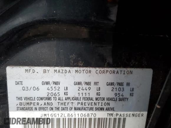 ✅ 2006 Mazda 6 Sport Mazdaspeed • VIN: JM1GG12L861106870 • Lot: 81052933. Listed on Copart with 164,052 mi. Free auction sales archive from the USA and detailed vehicle history report at DreamBid. Image 12.