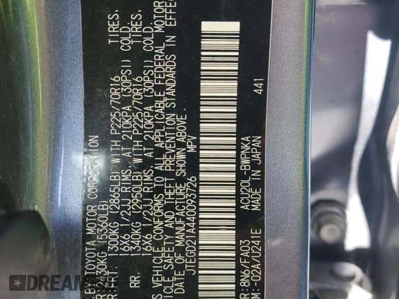 2004 Toyota Highlander с VIN JTEGD21A440093726, выставлен на аукционе Copart как лот 85828965 с пробегом Не указан миль и Списание • Salvage title. История ставок и продаж доступна на DreamBid. Изображение 12.