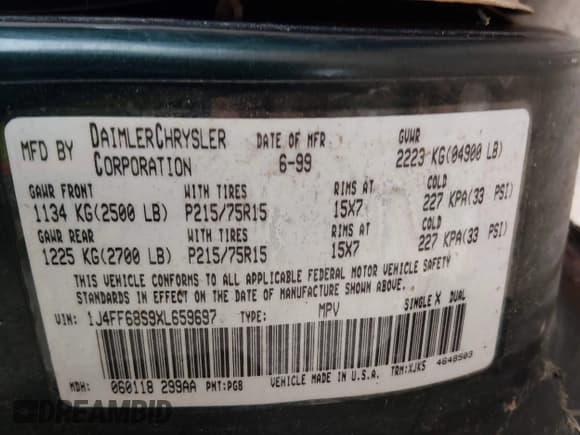 ✅ 1999 Jeep Cherokee Sport • VIN: 1J4FF68S9XL659697 • Лот: 43727299. Опубликован ранее на IAAI с пробегом 238 334 миль. Бесплатный доступ к архиву аукционных продаж из США и подробный отчёт об истории автомобиля на DreamBid. Изображение 9.