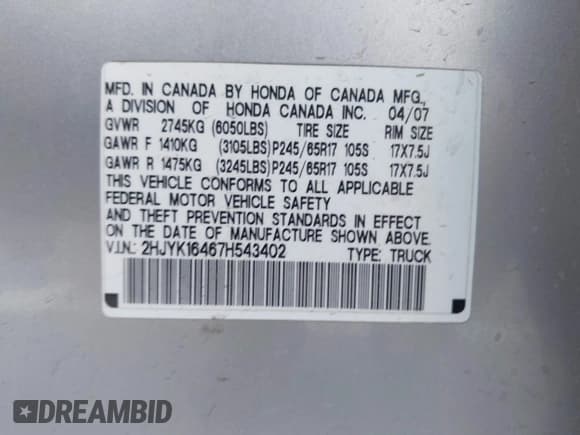 ✅ 2007 Honda Ridgeline RTS • VIN: 2HJYK16467H543402 • Lot: 42068582. Listed on IAAI with 232,067 mi. Free auction sales archive from the USA and detailed vehicle history report at DreamBid. Image 9.