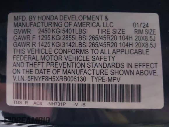 ✅ 2024 Honda Passport EX-L • VIN: 5FNYF8H5XRB006130 • Lot: 41677340. Listed on IAAI with 17,932 mi. Free auction sales archive from the USA and detailed vehicle history report at DreamBid. Image 9.